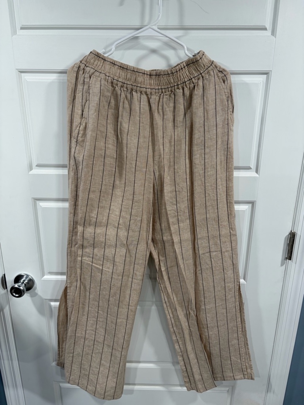 Women’s Beige Stripe Casual Linen-Blend Pants